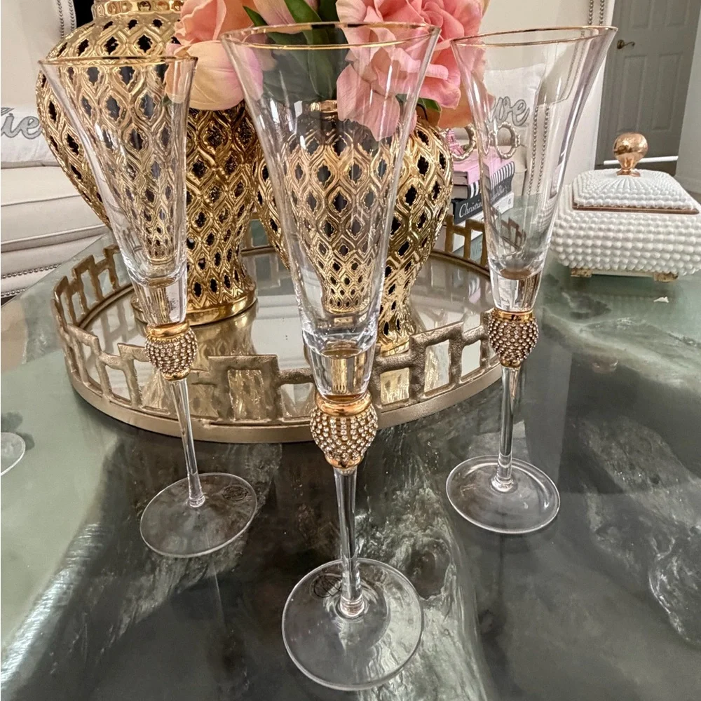 Set of 3 Z Gallerie Elegant Gold and Clear Champagne Flutes